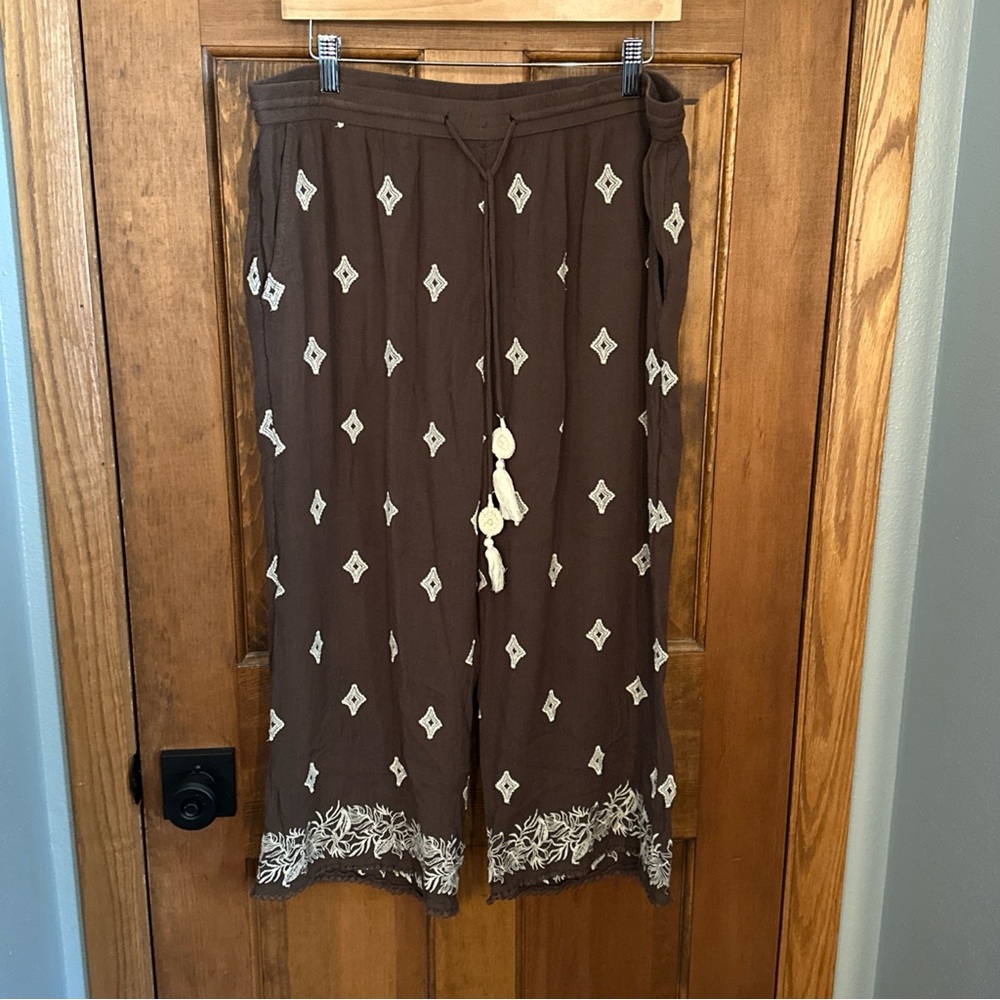 Sundance Le Meridien Brown/Ivory‎ Embroidered Wide Leg Cropped Pants Size Large